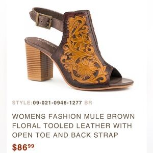 Women’s size 7 roper mule. Brown floral tooled.